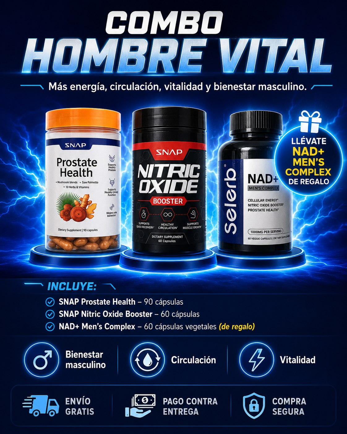 🔥 COMBO HOMBRE VITAL (SNAP Prostate Health + SNAP Nitric Oxide Booster ) + REGALO  (NAD+ Men’s Complex)