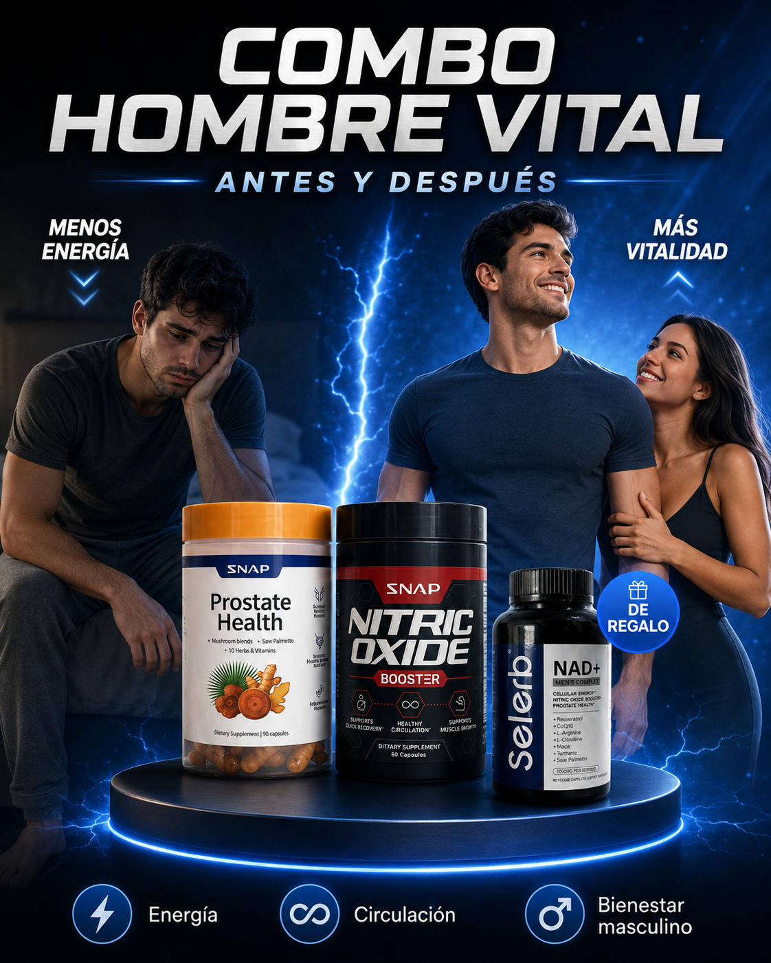 🔥 COMBO HOMBRE VITAL (SNAP Prostate Health + SNAP Nitric Oxide Booster ) + REGALO  (NAD+ Men’s Complex)