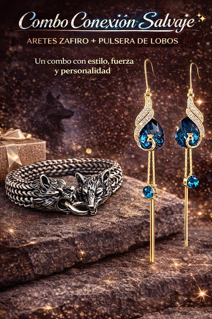 Combo de Pareja: Aretes Zafiro + Pulsera de Lobos 💙🐺