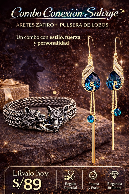 Combo de Pareja: Aretes Zafiro + Pulsera de Lobos 💙🐺