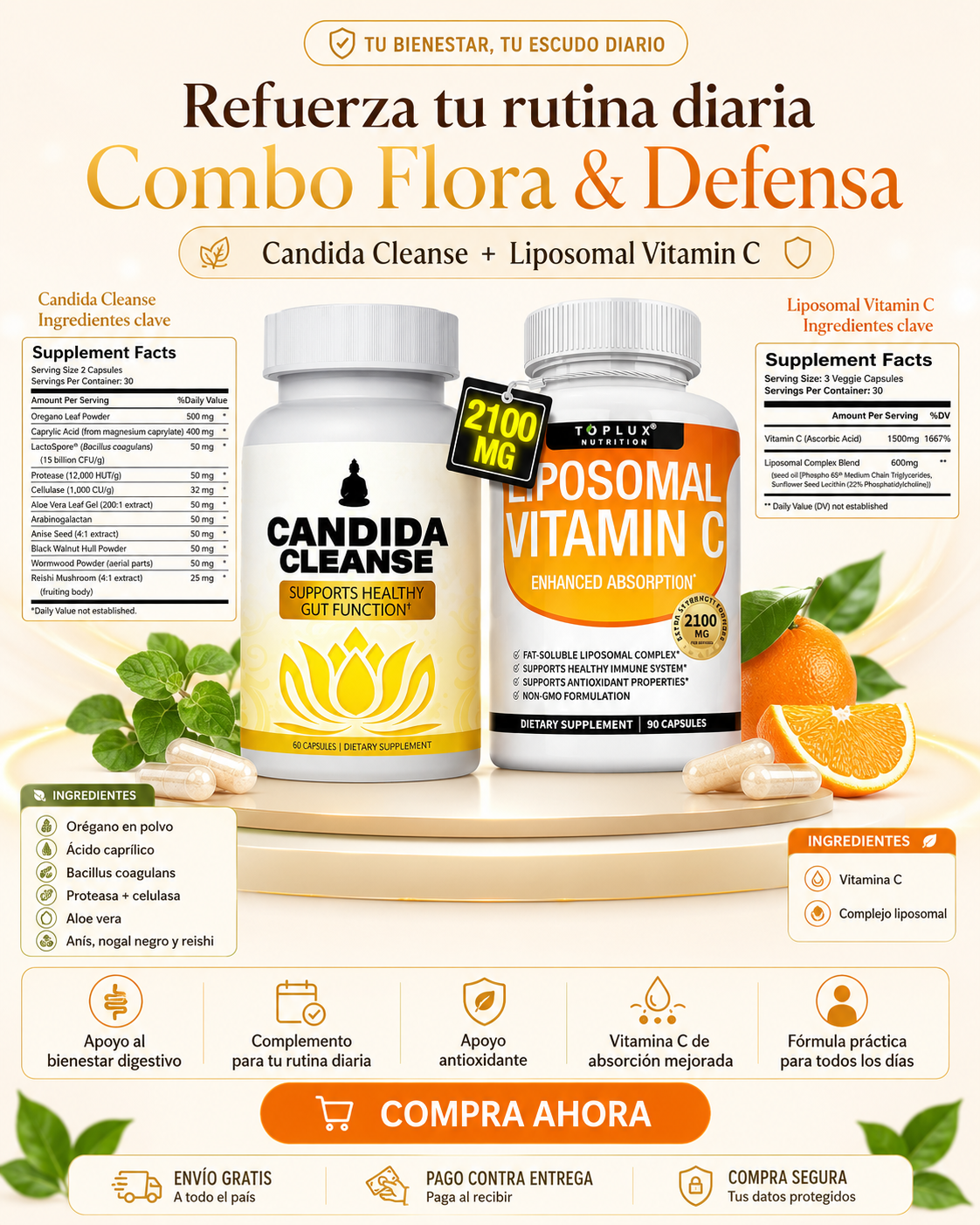 Combo Flora & Defensa: Vitamina C Liposomal + Candida Cleanse GRATIS